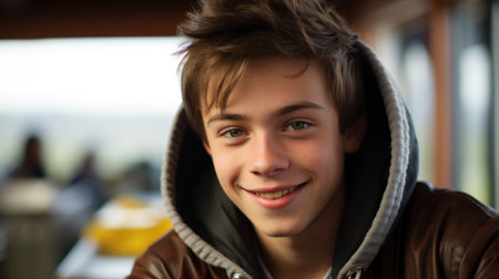 a boy smiling at the cameraの素材
