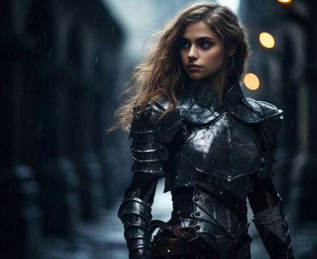 a woman in armor walking in the rainの素材