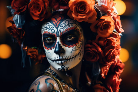 a woman with face paint and flowersの素材