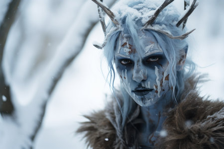a woman with blue face paint and white hair and hornsの素材