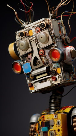 a robot head made of metal and various colored partsの素材