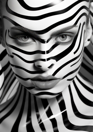 Close-up portrait of a beautiful woman with black and white stripes on her faceの素材
