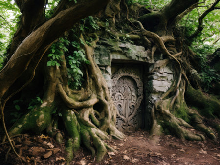 a stone door with a tree growing out of itの素材