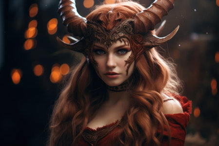 a woman wearing a horned maskの素材