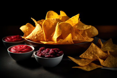 a bowl of chips with dipsの素材