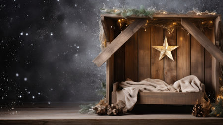 a wooden box with a star and pine conesの素材