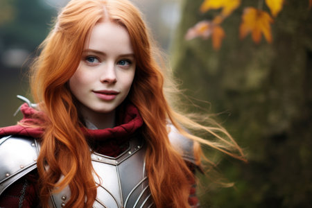 a woman in armor with red hairの素材