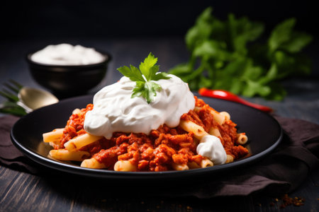 a plate of pasta with sauce and sour creamの素材