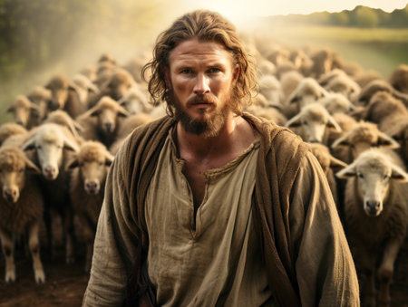 a man with a beard and long hair standing in front of a herd of sheepの素材