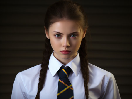 a girl with braids wearing a white shirt and tieの素材