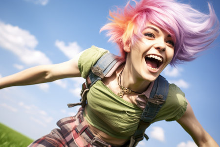 a woman with pink and yellow hairの素材