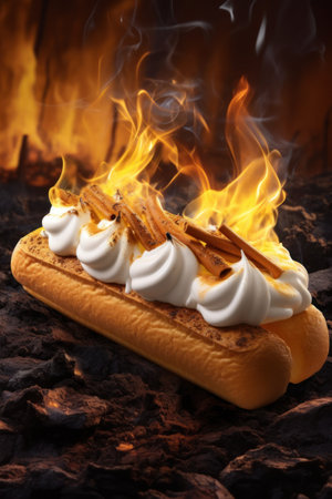 a hot dog with whipped cream and cinnamon sticks on fireの素材