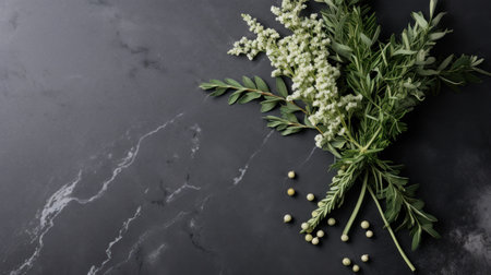 a bunch of white flowers on a black surfaceの素材