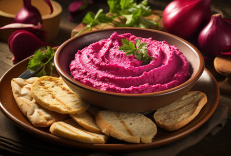 a bowl of hummus and crackers on a plateの素材