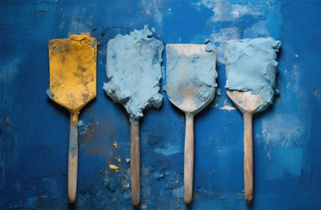 a group of spatulas with blue and yellow paintの素材