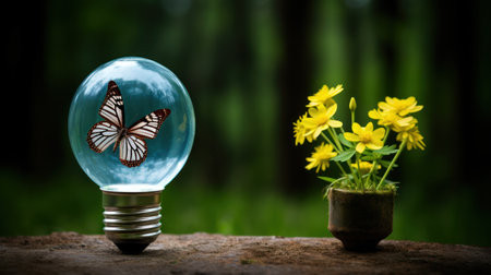 a butterfly in a light bulb next to a plantの素材