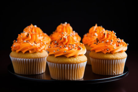 a group of cupcakes with orange frostingの素材
