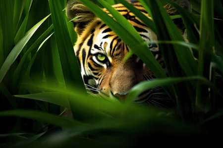 a tiger hiding in the grassの素材