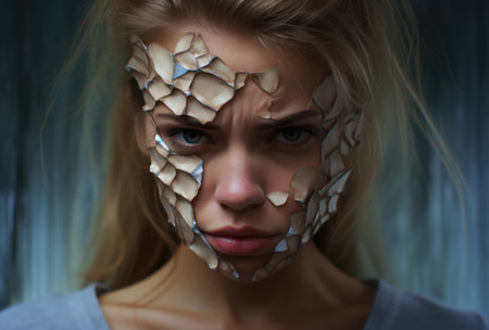 a woman with broken skin on her faceの素材
