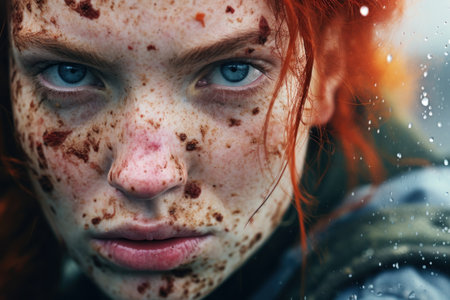 a woman with freckles and blue eyesの素材