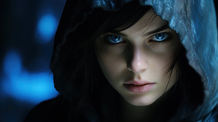a woman with blue eyes wearing a hoodの素材