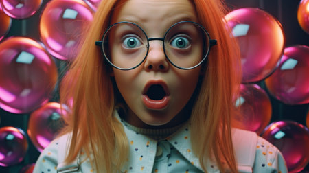 a girl with red hair and glasses with her mouth openの素材