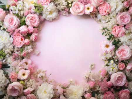 a group of flowers around a pink backgroundの素材