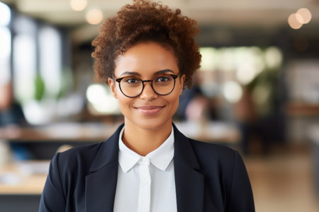 a woman wearing glasses and a suitの素材