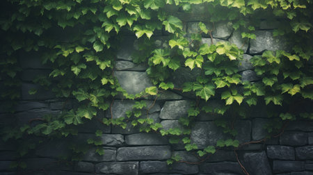 a stone wall with green leavesの素材