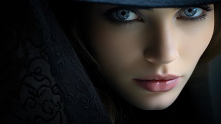 a close up of a woman wearing a hatの素材