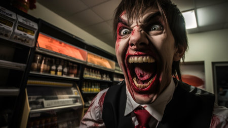 a man with blood on his face and mouth wide openの素材