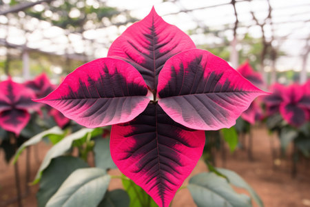 a close up of a pink and black leafの素材
