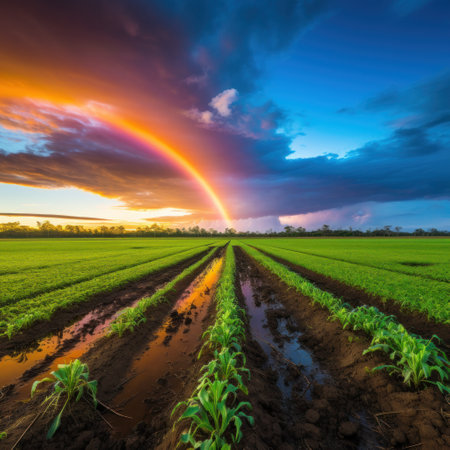 a rainbow over a field of plantsの素材