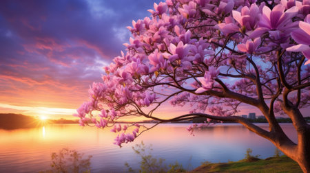 a tree with pink flowers on it by a body of waterの素材