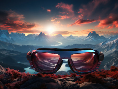 a pair of sunglasses on a rocky mountain topの素材