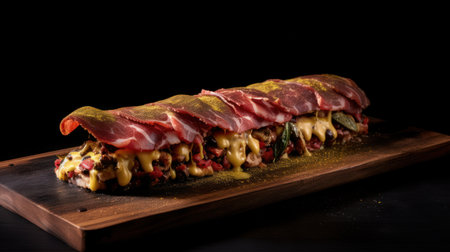 Sliced bacon and vegetables on a wooden board on a black backgroundの素材