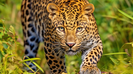a leopard walking in the grassの素材