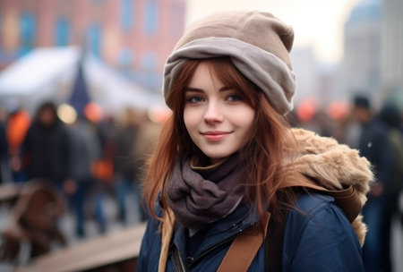 a woman wearing a hat and scarfの素材