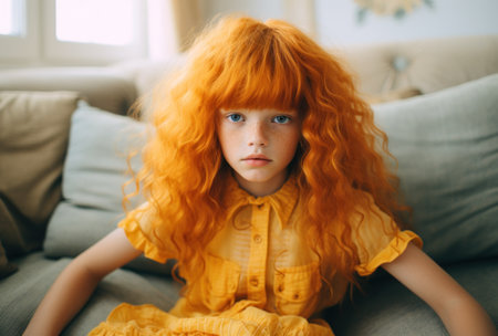 a girl with red hair and freckles sitting on a couchの素材