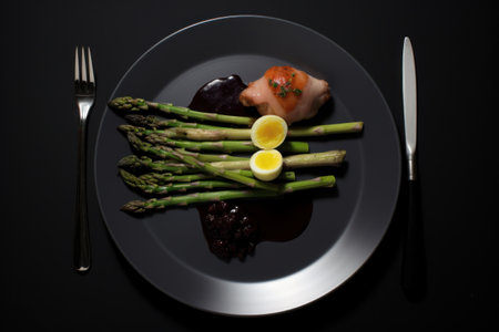 a plate of asparagus and chicken with quail eggsの素材