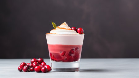 a glass with red and white layered dessert and cranberriesの素材