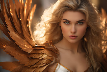 a woman with blonde hair wearing a gold wingsの素材
