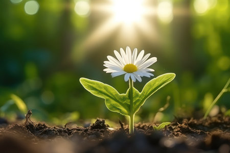a white flower with yellow center growing out of the groundの素材