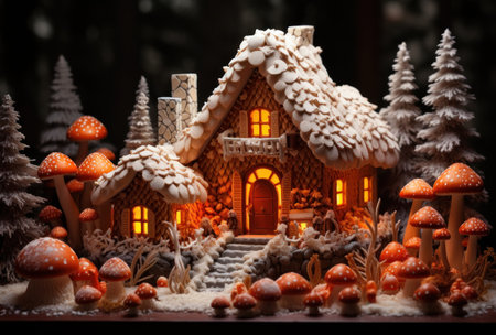 a lighted house with mushrooms and treesの素材