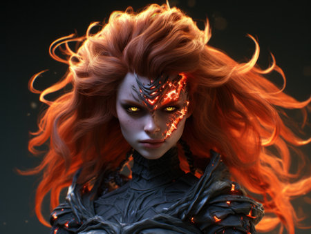 a woman with red hair and glowing eyesの素材