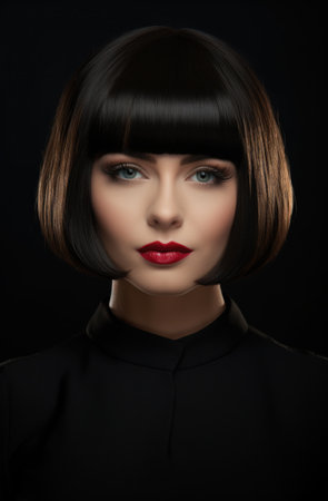 a woman with short black hair and red lipstickの素材