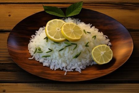 a plate of rice and lemonsの素材