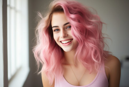 a woman with pink hair smilingの素材
