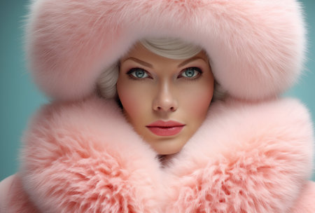 a woman wearing a pink fur coatの素材