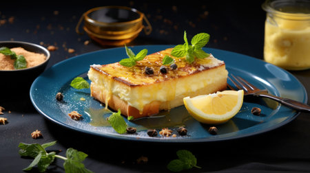 a piece of cake with lemon and mint on a blue plateの素材